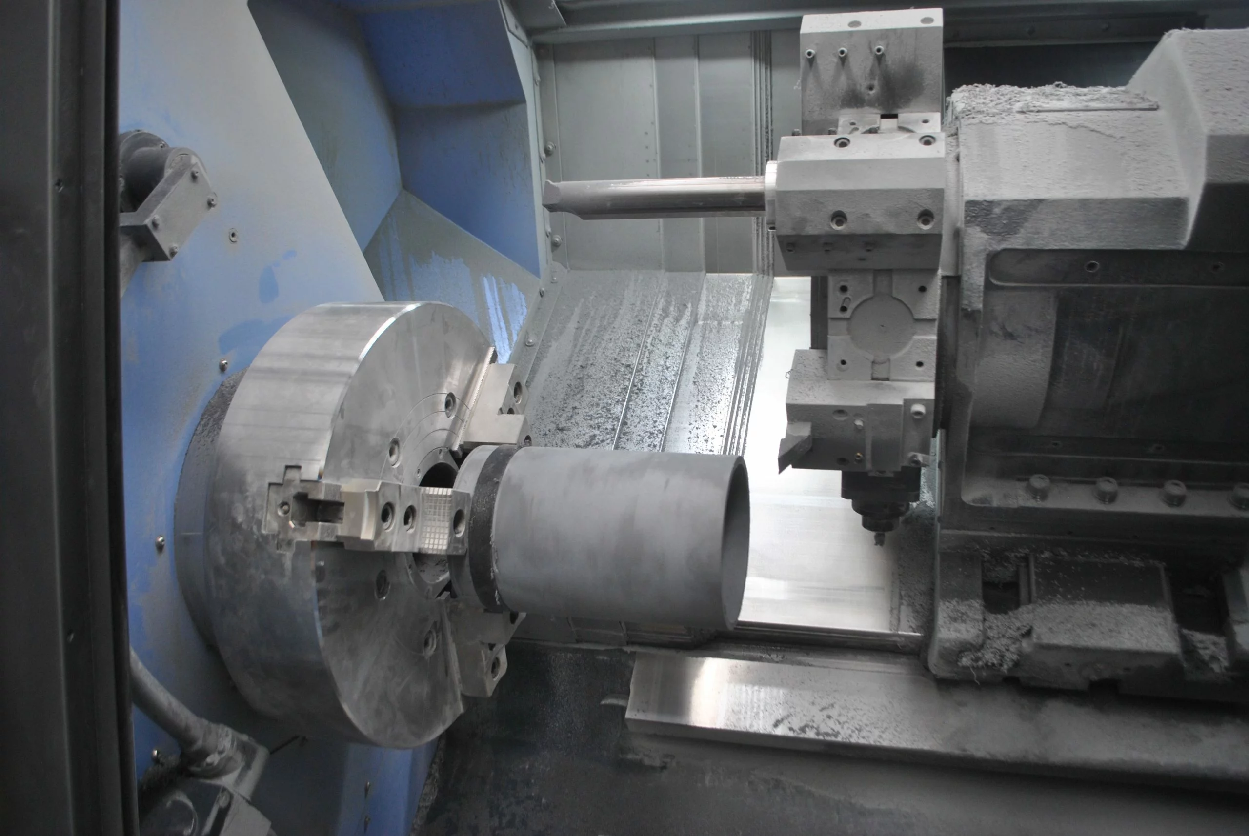 Close up of the interior of a Puma 700LM II large-capacity, multi-tasking lathe at Tufcot Engineering